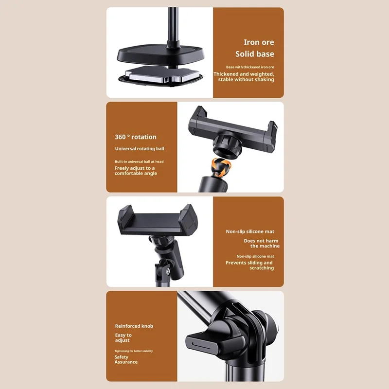 T10 Adjustable Desk Phone Stand Metal Folding Cellphone Holder for Live Streaming - Black