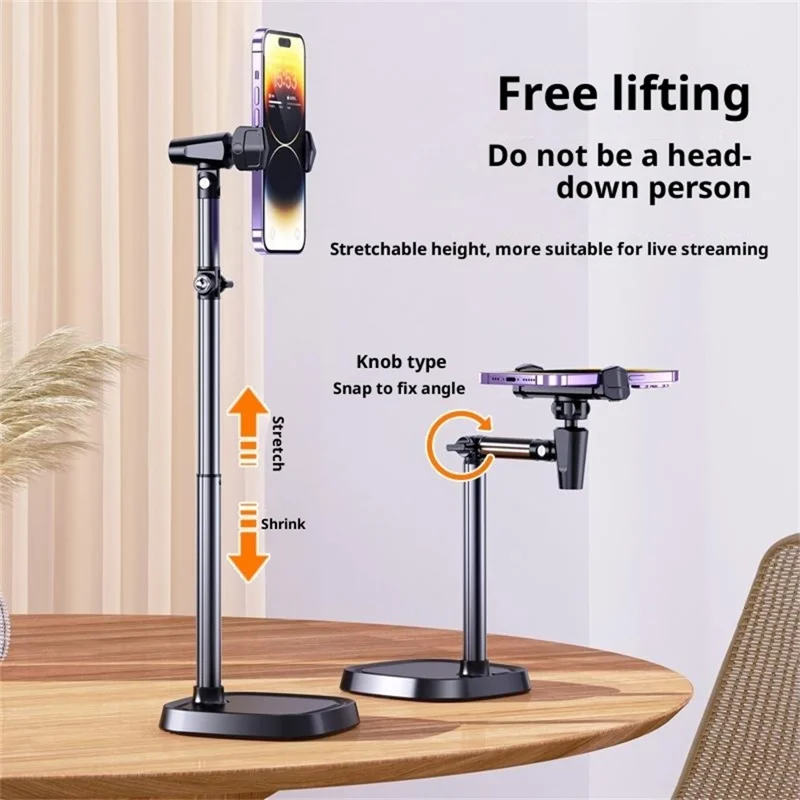 T10 Adjustable Desk Phone Stand Metal Folding Cellphone Holder for Live Streaming - Black