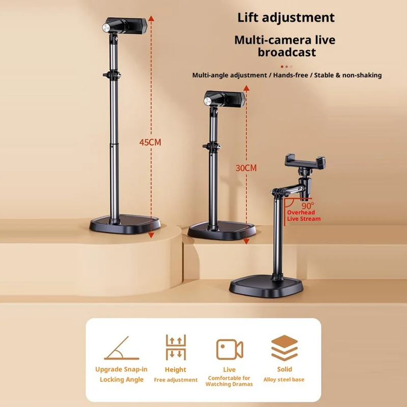 T10 Adjustable Desk Phone Stand Metal Folding Cellphone Holder for Live Streaming - Black