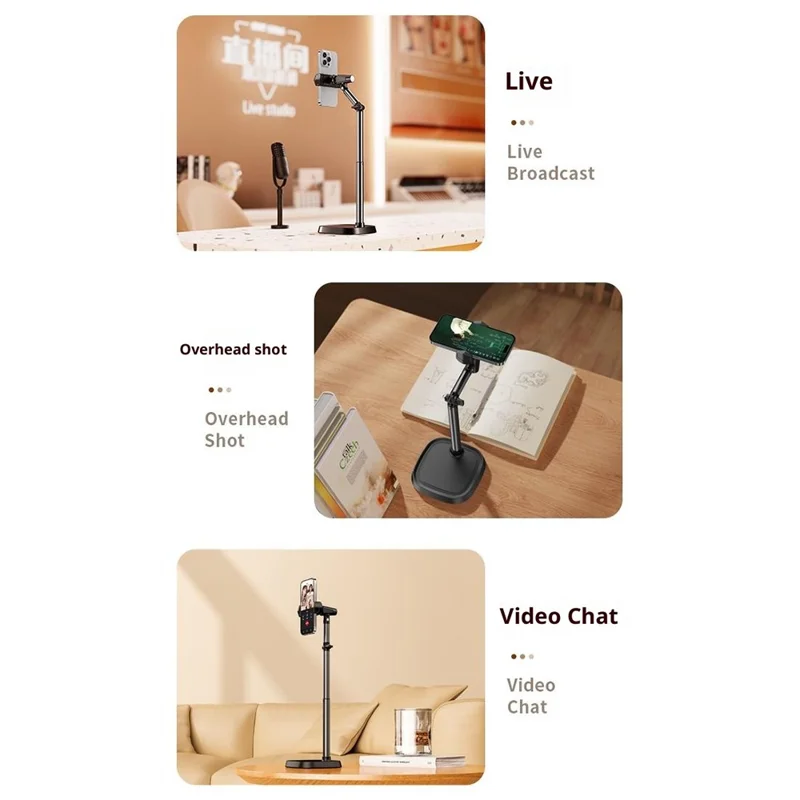 حامل هاتف T10 قابل للتعديل على المكتب، حامل معدني قابل للطي للهاتف المحمول للبث المباشر - أبيض