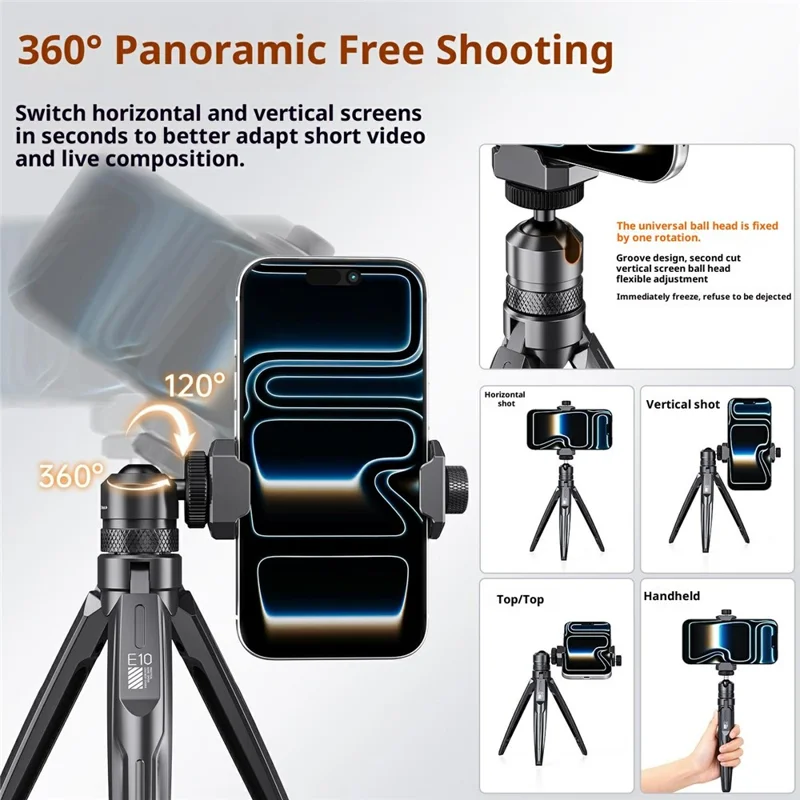 الحامل الثلاثي E10 من سبائك الألومنيوم لهواتف الذكية وكاميرات التصوير، حامل مكتبي وعصا سيلفي محمولة - برتقالي