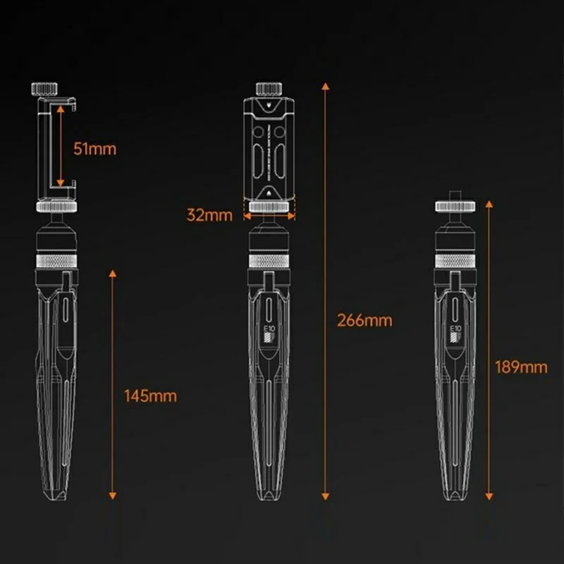 الحامل الثلاثي E10 من سبائك الألومنيوم لهواتف الذكية وكاميرات التصوير، حامل مكتبي وعصا سيلفي محمولة - برتقالي