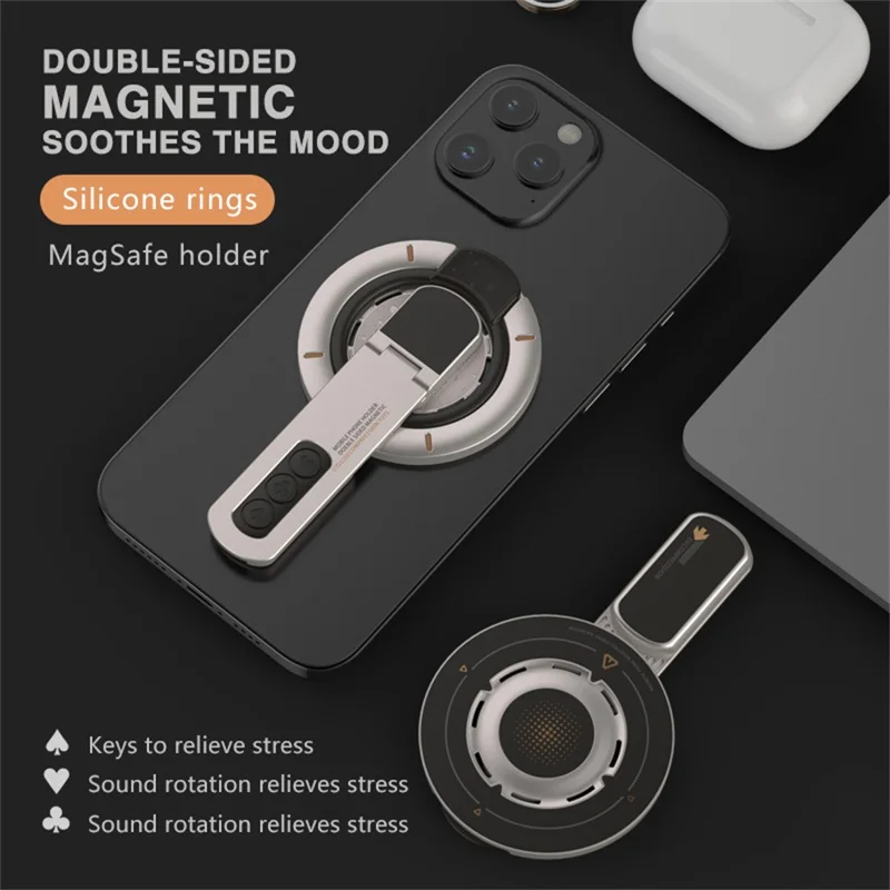 Dual Sided Magnetic Phone Kickstand 360 Degree Rotation Desktop Holder Stress Relief Zinc Alloy Phone Back Stand - White