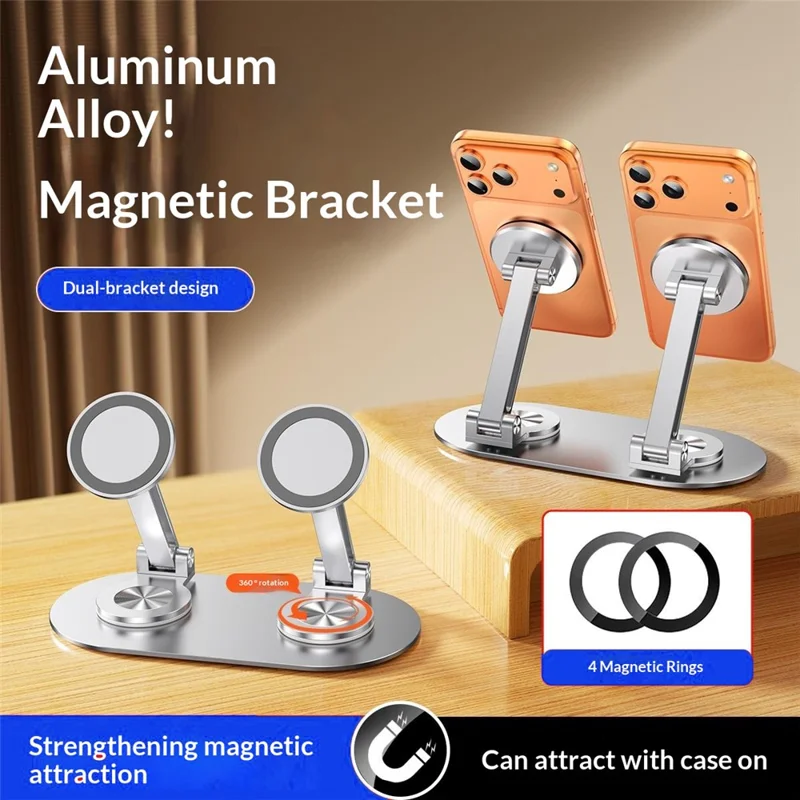 CX-3 Двухголовый магнитный держатель для телефона с поворотом на 360 градусов, алюминиевый сплав, регулируемый угол, подходит для прямых трансляций — Серебристый