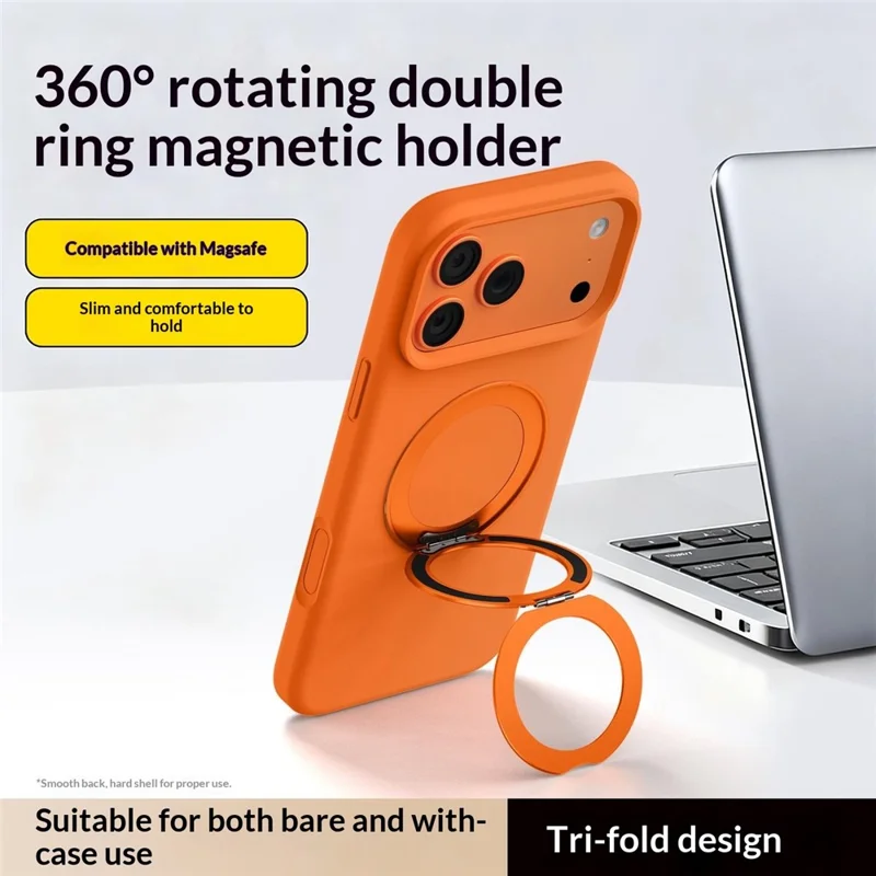 Q11  Ultra Thin Tri-Fold Magnetic Ring Stand Adhesive Mount 360 Degree Rotation Phone Bracket - Orange