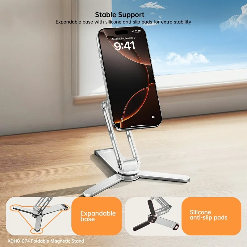 XUNDD XDHO-074 Multifunktionaler verstellbarer magnetischer Handyhalter für den Schreibtisch, faltbarer Aluminium-Halter - Silber