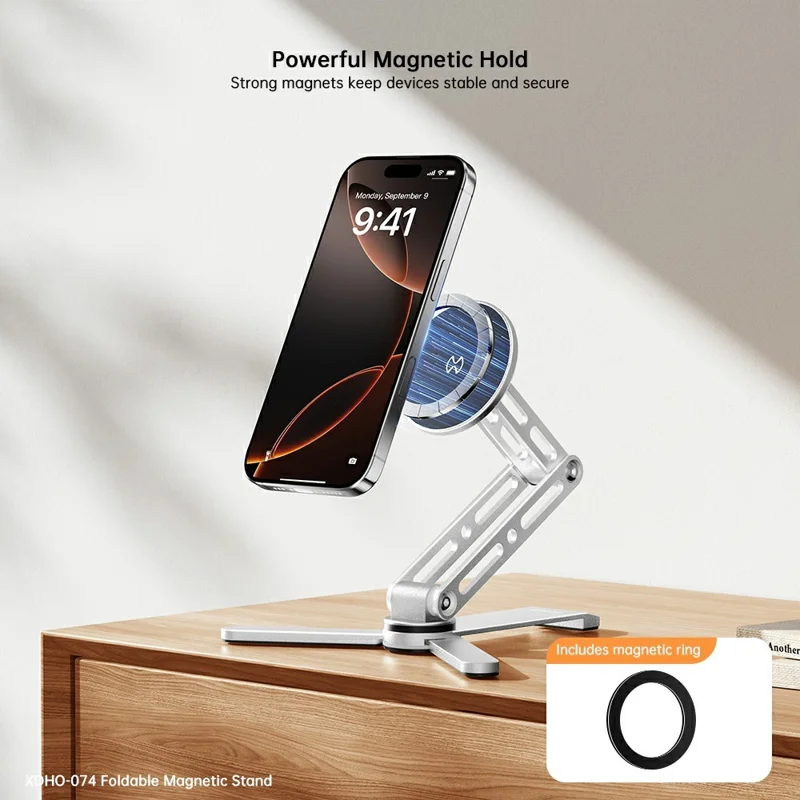 XUNDD XDHO-074 Multifunktionaler verstellbarer magnetischer Handyhalter für den Schreibtisch, faltbarer Aluminium-Halter - Silber