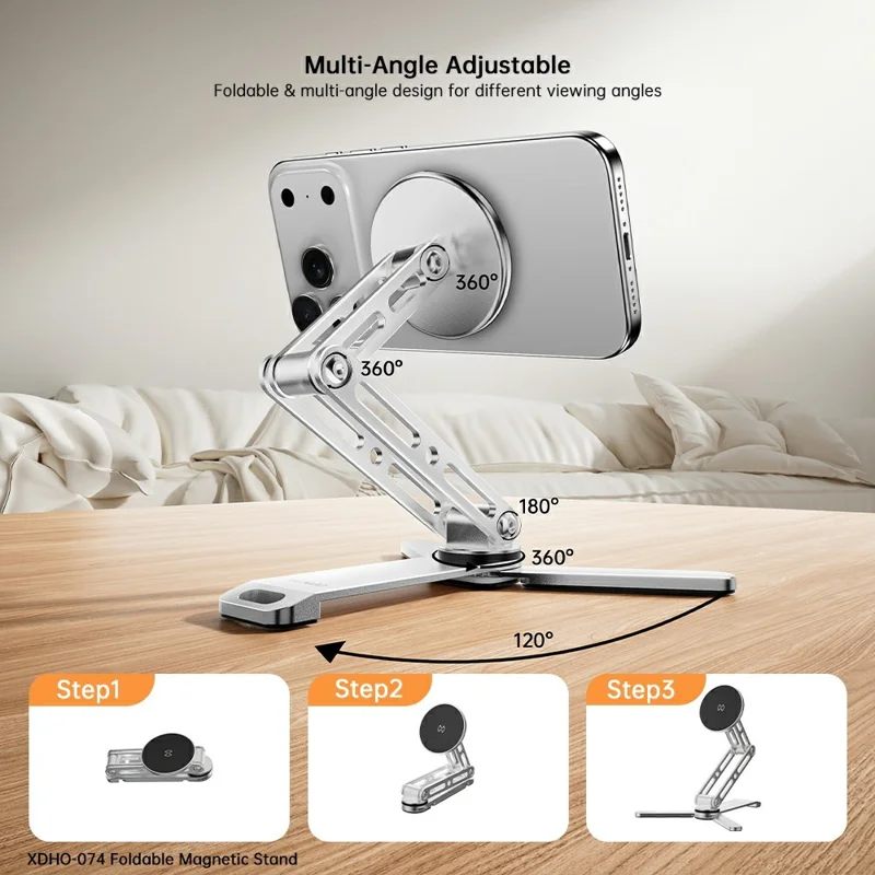 XUNDD XDHO-074 Multifunktionaler verstellbarer magnetischer Handyhalter für den Schreibtisch, faltbarer Aluminium-Halter - Silber