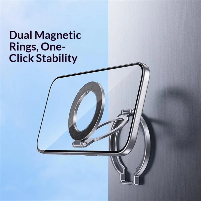 Support Téléphone Tournant T15S Support de Bureau Magnétique Double en Alliage d'Aluminium avec Anneau Pliable à 360° - Gris