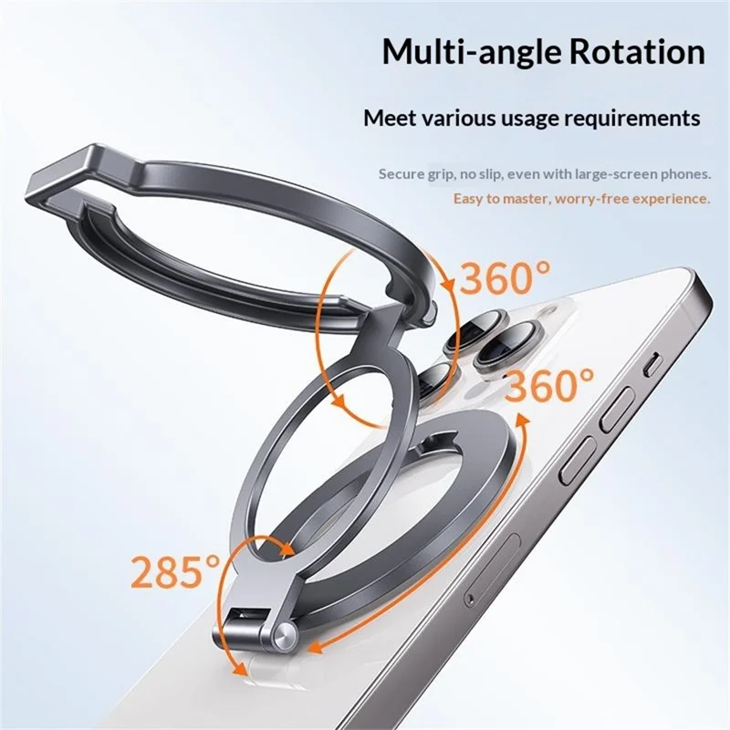 Support Téléphone Tournant T15S Support de Bureau Magnétique Double en Alliage d'Aluminium avec Anneau Pliable à 360° - Gris