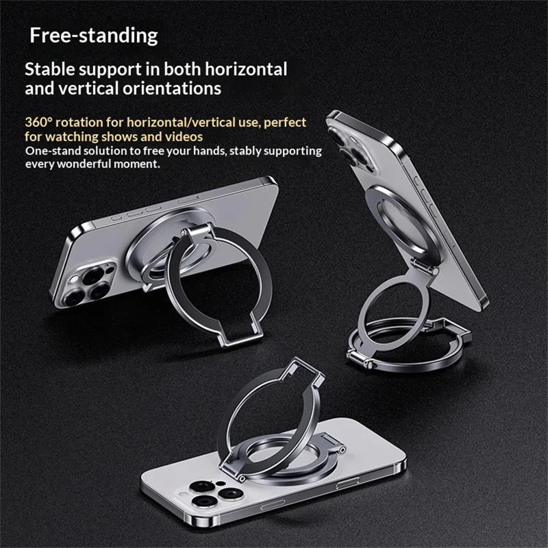 Support Téléphone Tournant T15S Support de Bureau Magnétique Double en Alliage d'Aluminium avec Anneau Pliable à 360° - Gris