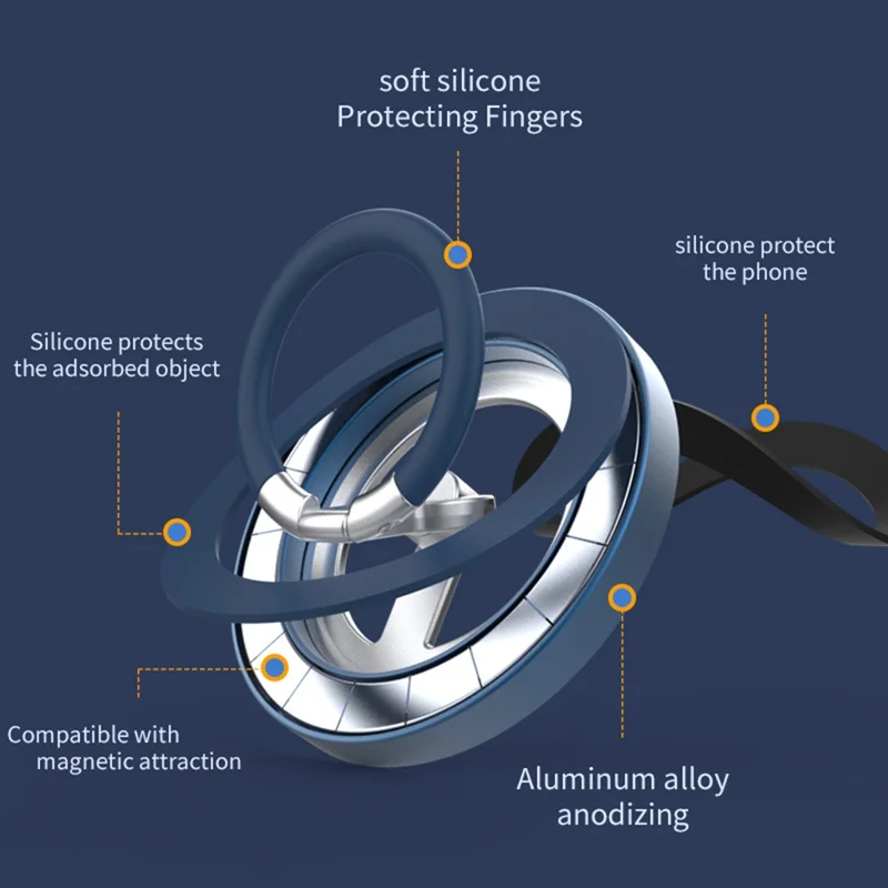Magnetic Ring Holder 360 Degree Rotation Aluminium Alloy Silicone Foldable Phone Kickstand - Dark Blue