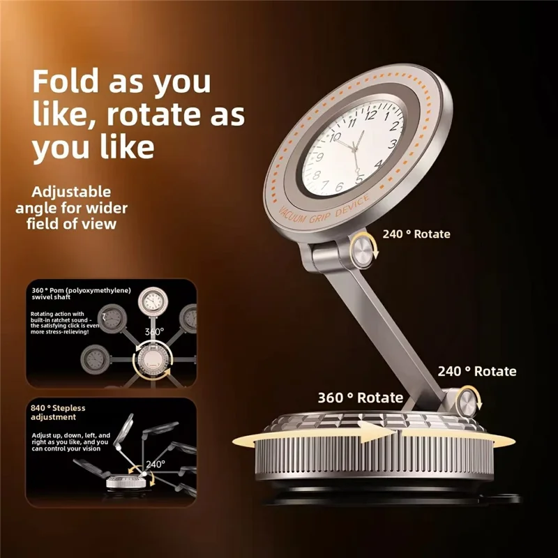 K10 Foldable Magnetic Phone Stand with Clock Adhesive Base 360 Degree Rotating Dashboard Cellphone Holder