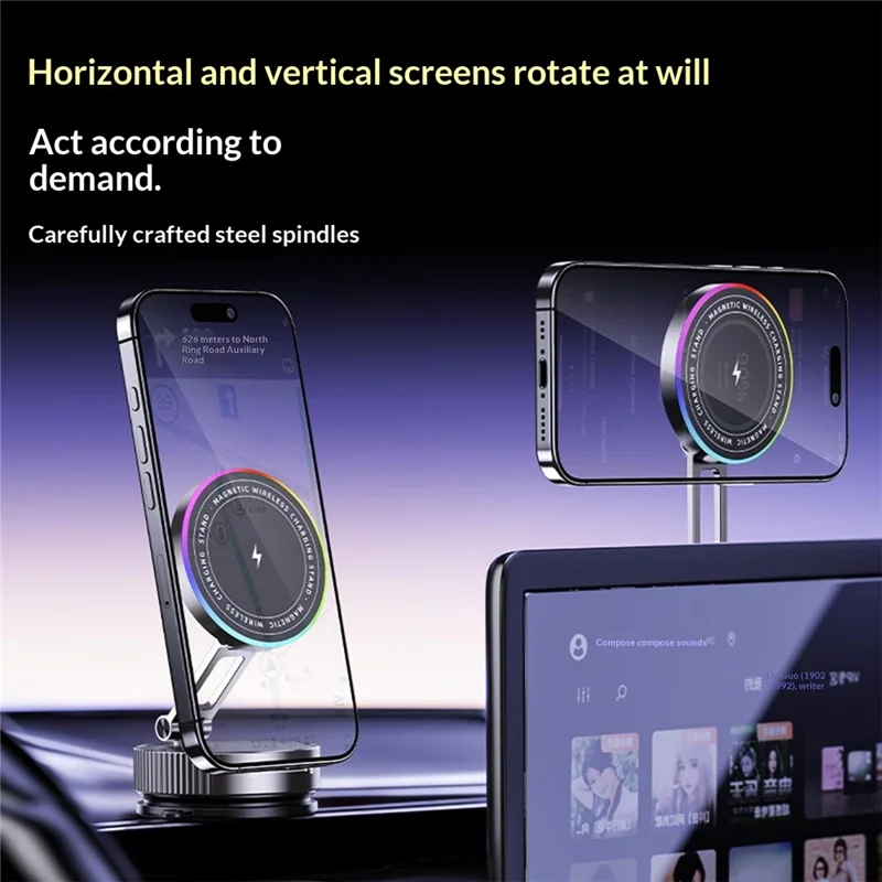 K13 15W Wireless Charging Car Phone Stand Magnetic Mount Holder 360° Rotation Dashboard for Navigation - Titanium Grey