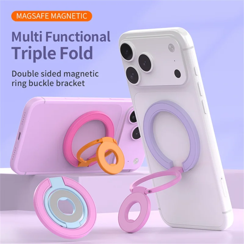 Magnetic Phone Ring Holder Compatible with MagSafe Triple Fold 360 Degrees Rotation Stand Multi-functional Mount - Pink
