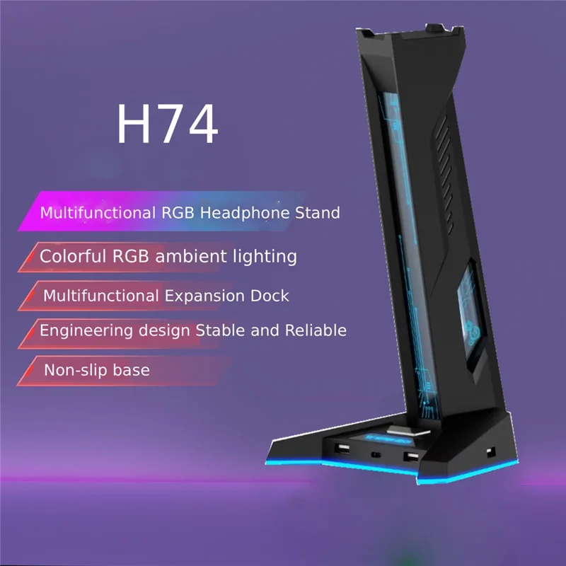 H74 RGB Gaming Headphone Stand 4 Port USB Hub Type-C Desk Organizer with LED Light Gaming Headset Display Stand - Black