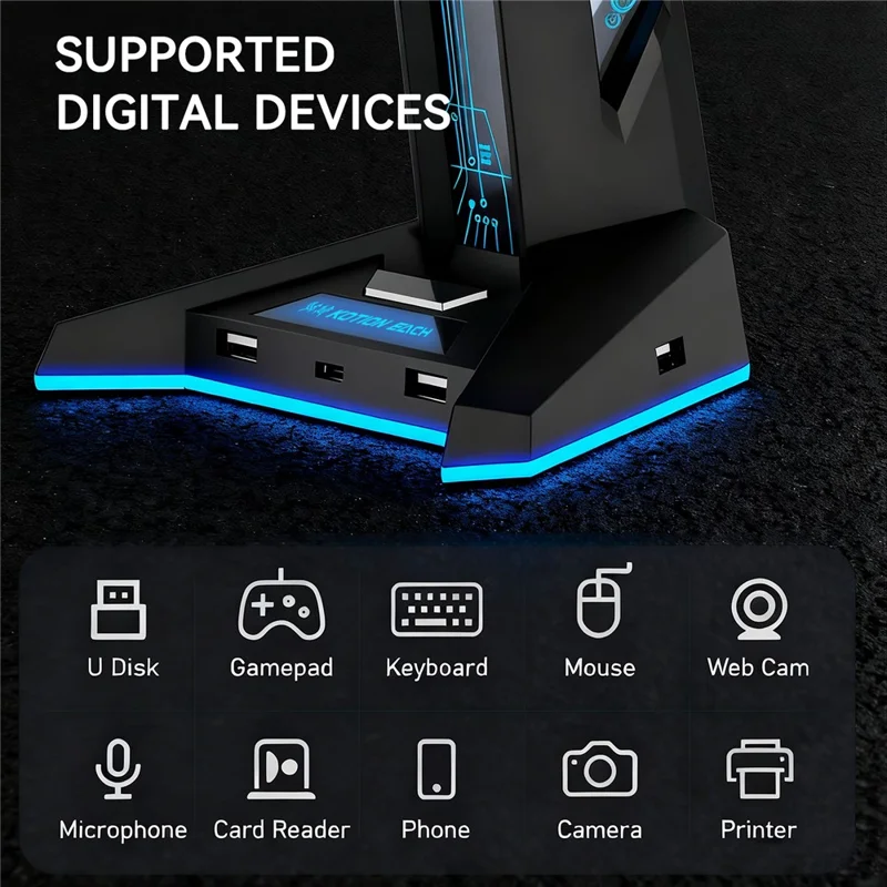 H74 RGB Gaming Headphone Stand 4 Port USB Hub Type-C Desk Organizer with LED Light Gaming Headset Display Stand - Black
