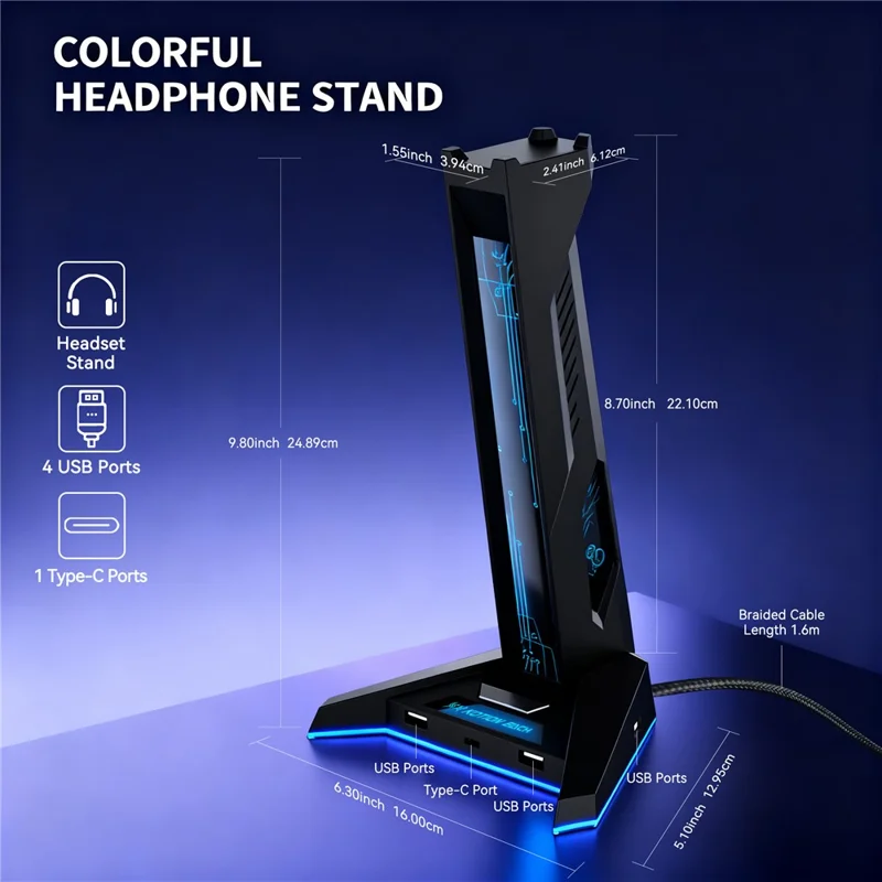 H74 RGB Gaming Headphone Stand 4 Port USB Hub Type-C Desk Organizer with LED Light Gaming Headset Display Stand - Black