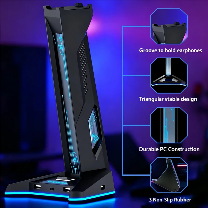 H74 RGB Gaming Headphone Stand 4 Port USB Hub Type-C Desk Organizer with LED Light Gaming Headset Display Stand - Black