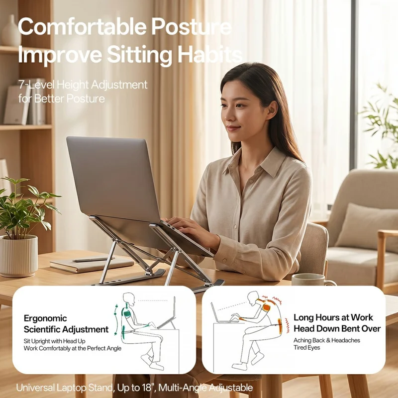 Support d'ordinateur portable pliable en acier au carbone, support de bureau réglable en hauteur sur 7 niveaux pour ordinateur portable jusqu'à 18 pouces - Argent