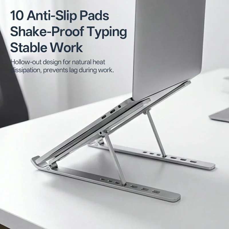 Support d'ordinateur portable pliable en acier au carbone, support de bureau réglable en hauteur sur 7 niveaux pour ordinateur portable jusqu'à 18 pouces - Argent