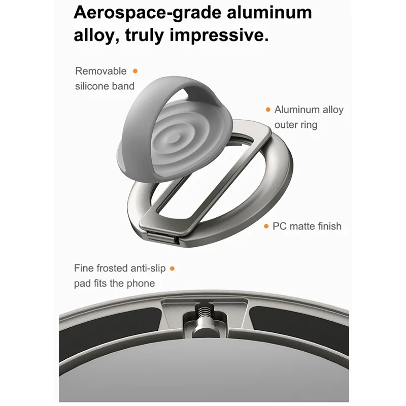 Foldable Magnetic Phone Ring Stand Liquid Silicone Aluminum Rotating Phone Holder for iPhone Android - Grey