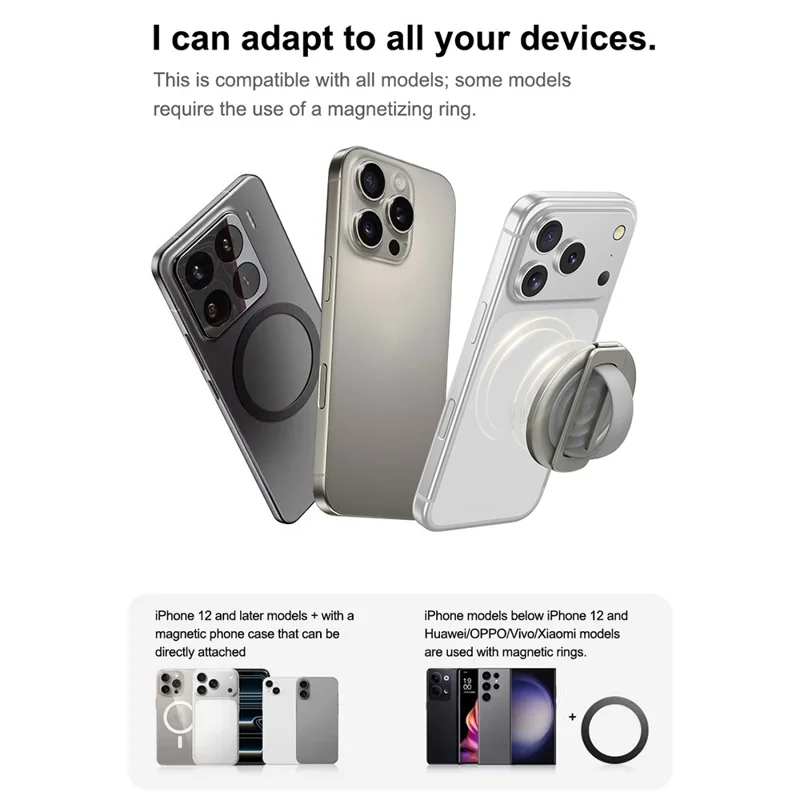 Foldable Magnetic Phone Ring Stand Liquid Silicone Aluminum Rotating Phone Holder for iPhone Android - Grey