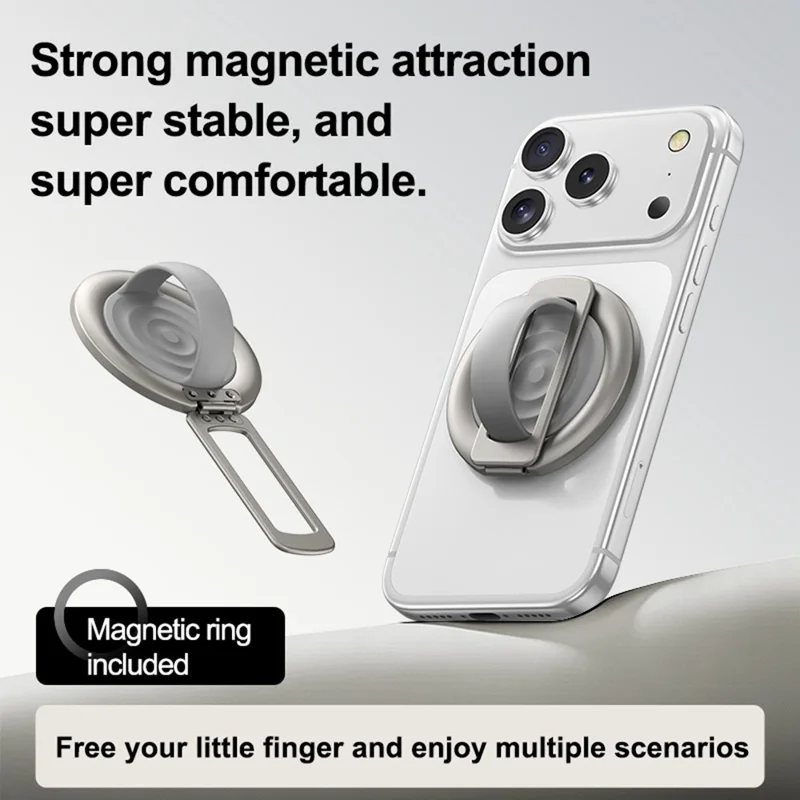 Foldable Magnetic Phone Ring Stand Liquid Silicone Aluminum Rotating Phone Holder for iPhone Android - Grey
