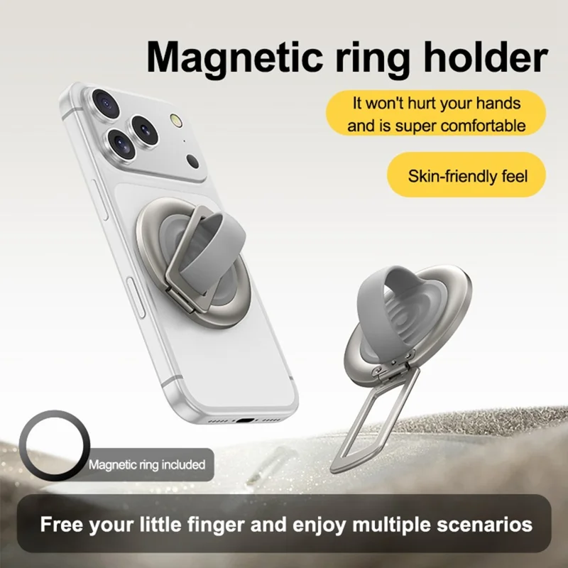 Foldable Magnetic Phone Ring Stand Liquid Silicone Aluminum Rotating Phone Holder for iPhone Android - Grey