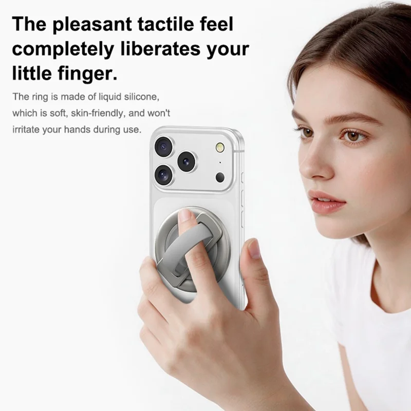 Foldable Magnetic Phone Ring Stand Liquid Silicone Aluminum Rotating Phone Holder for iPhone Android - Grey