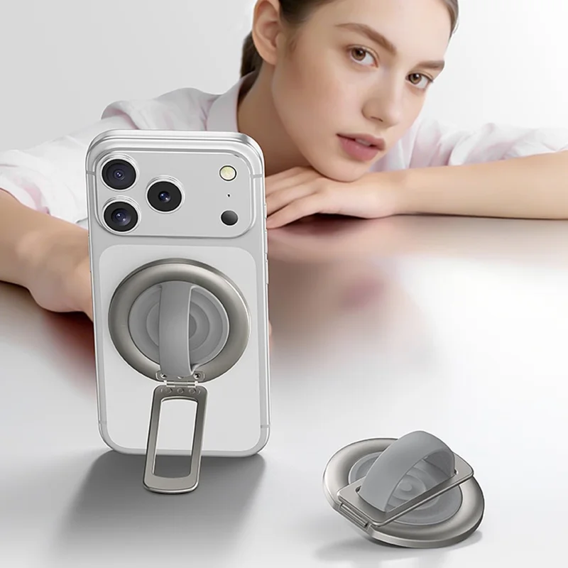 Foldable Magnetic Phone Ring Stand Liquid Silicone Aluminum Rotating Phone Holder for iPhone Android - Grey