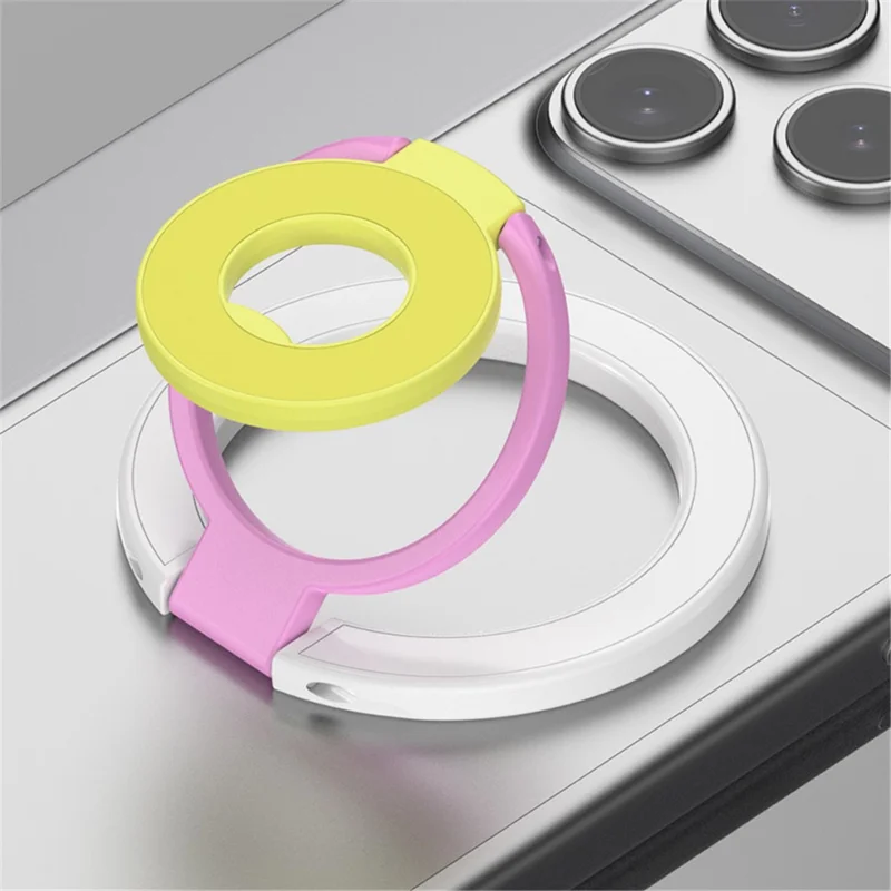 Magnetic Ring Stand Tri-Fold 360° Rotation Finger Ring Phone Kickstand Compatible with MagSafe - White+Pink+Yellow