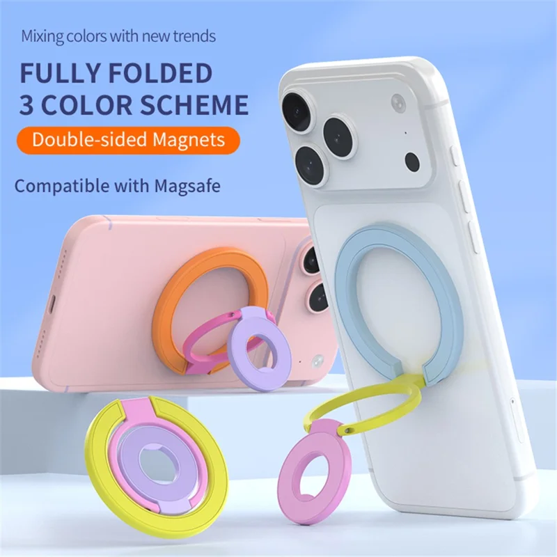 Magnetic Ring Stand Tri-Fold 360° Rotation Finger Ring Phone Kickstand Compatible with MagSafe - White+Pink+Yellow