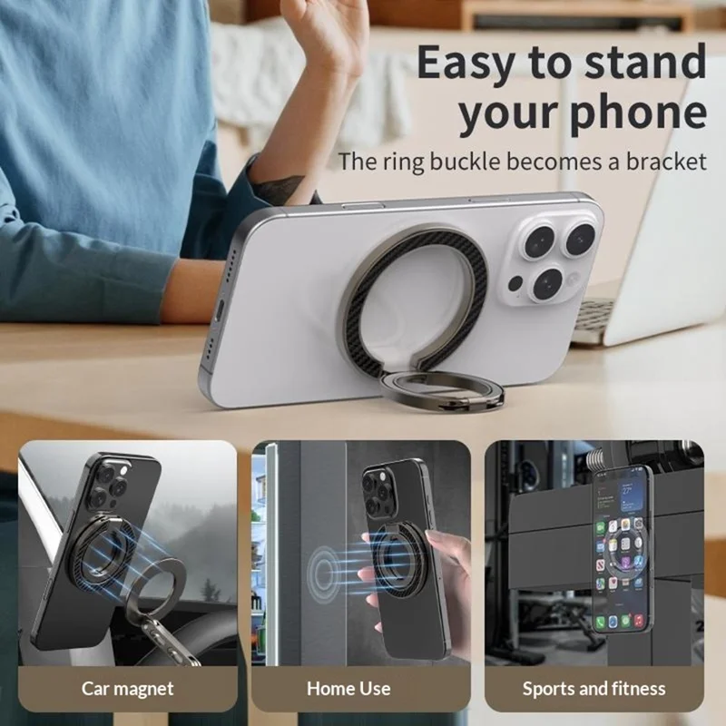 Magnetic Phone Ring Stand Compatible with MagSafe Foldable Carbon Fiber Rotation Finger Grip Holder - Silver