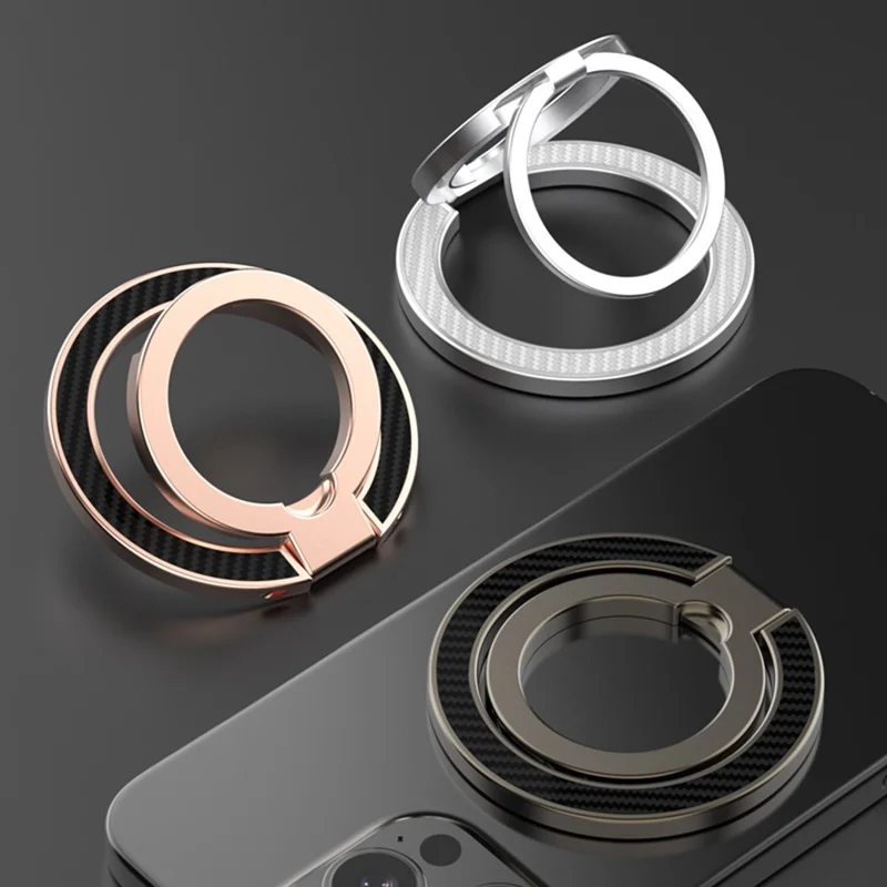 Magnetic Phone Ring Stand Compatible with MagSafe Foldable Carbon Fiber Rotation Finger Grip Holder - Silver