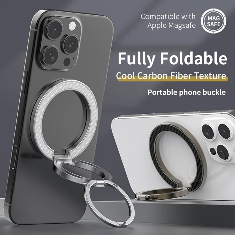 Magnetic Phone Ring Stand Compatible with MagSafe Foldable Carbon Fiber Rotation Finger Grip Holder - Silver
