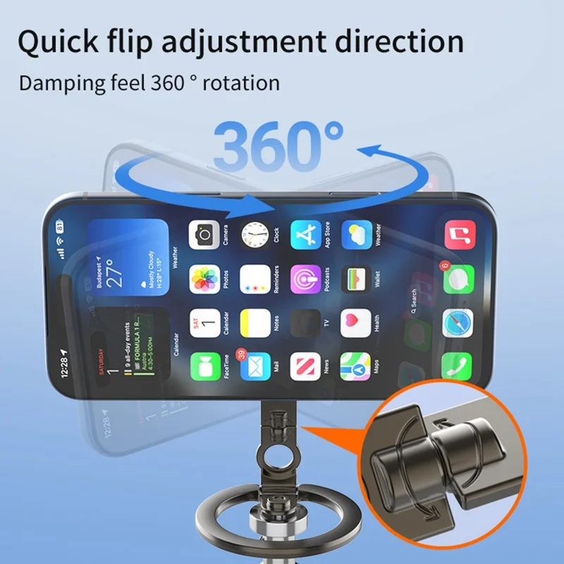 Multi-functional Magnetic Phone Stand Compatible with MagSafe 360 Degree Rotation Foldable Phone Holder with 1 / 4 Screw Hole - Black