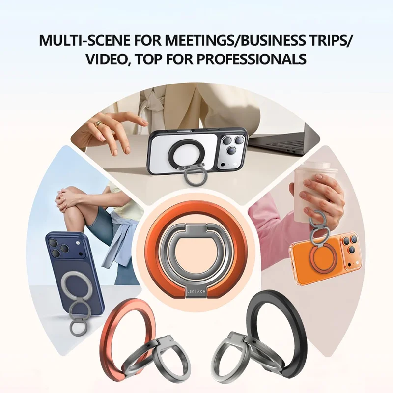 LEREACH LRFP-04 Magnetic Phone Ring Stand Triple Ring Rotation Phone Holder Grip - Orange