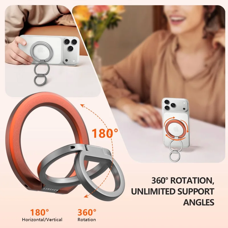 LEREACH LRFP-04 Magnetic Phone Ring Stand Triple Ring Rotation Phone Holder Grip - Orange