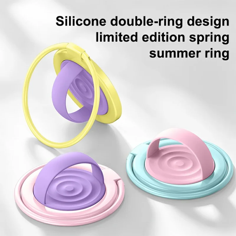 Magnetic Phone Ring Holder Rotation Kickstand with Silicone Grip Strap - Pink / Purple