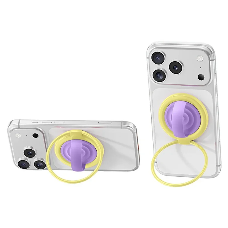Magnetic Phone Ring Holder Rotation Kickstand with Silicone Grip Strap - Yellow / Purple
