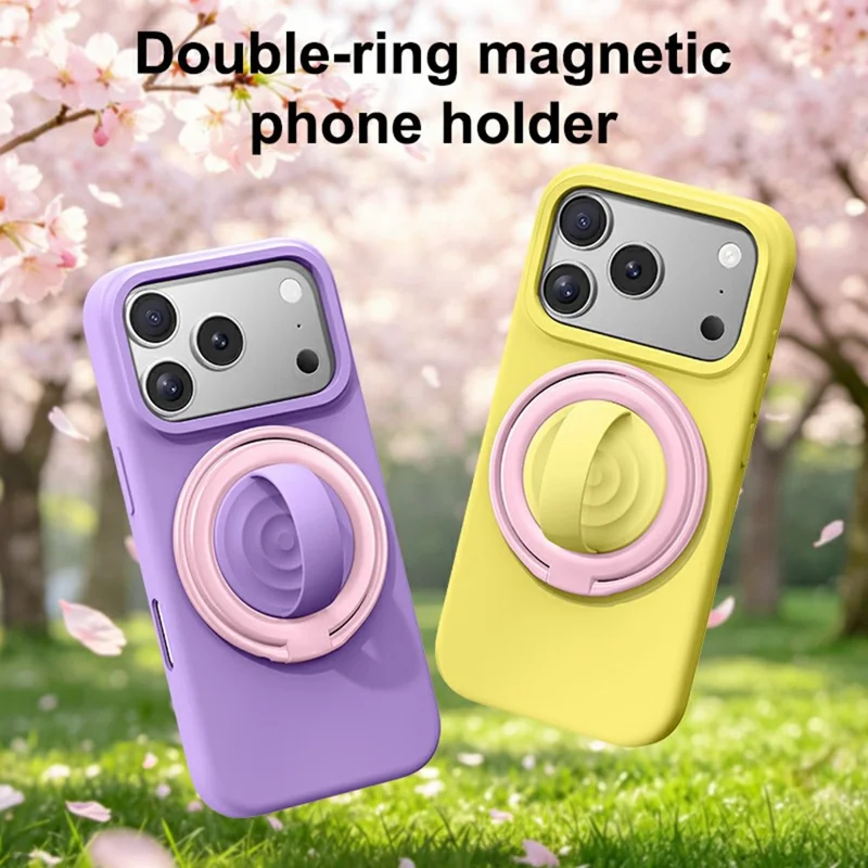 Magnetic Phone Ring Holder Rotation Kickstand with Silicone Grip Strap - Yellow / Purple