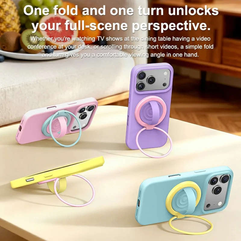 Magnetic Phone Ring Holder Rotation Kickstand with Silicone Grip Strap - Yellow / Purple