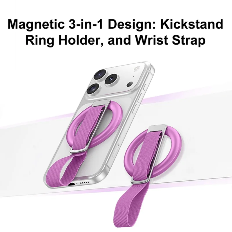 3 in 1 Magnetic Phone Grip Ring Stand for iPhone 12 - 17 Series Woven Strap Kickstand Design - Rose