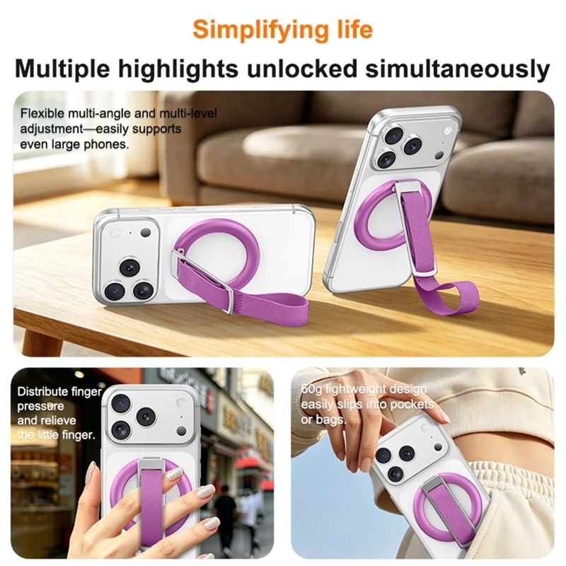 3 in 1 Magnetic Phone Grip Ring Stand for iPhone 12 - 17 Series Woven Strap Kickstand Design - Rose