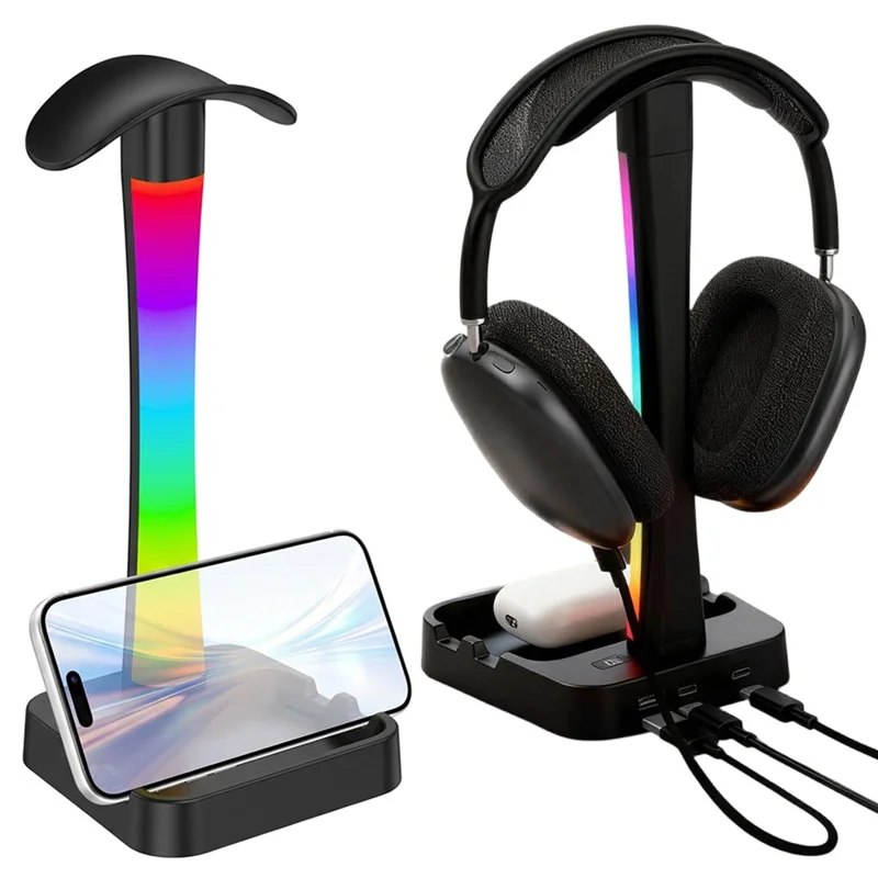 D15 RGB Desk Organizer Headphone Stand Phone Holder with Touch Desk Lamp USB + Type-C Charging Hub for Home Office - Black