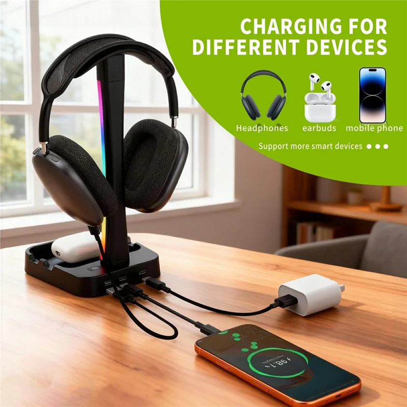 D15 RGB Desk Organizer Headphone Stand Phone Holder with Touch Desk Lamp USB + Type-C Charging Hub for Home Office - Black