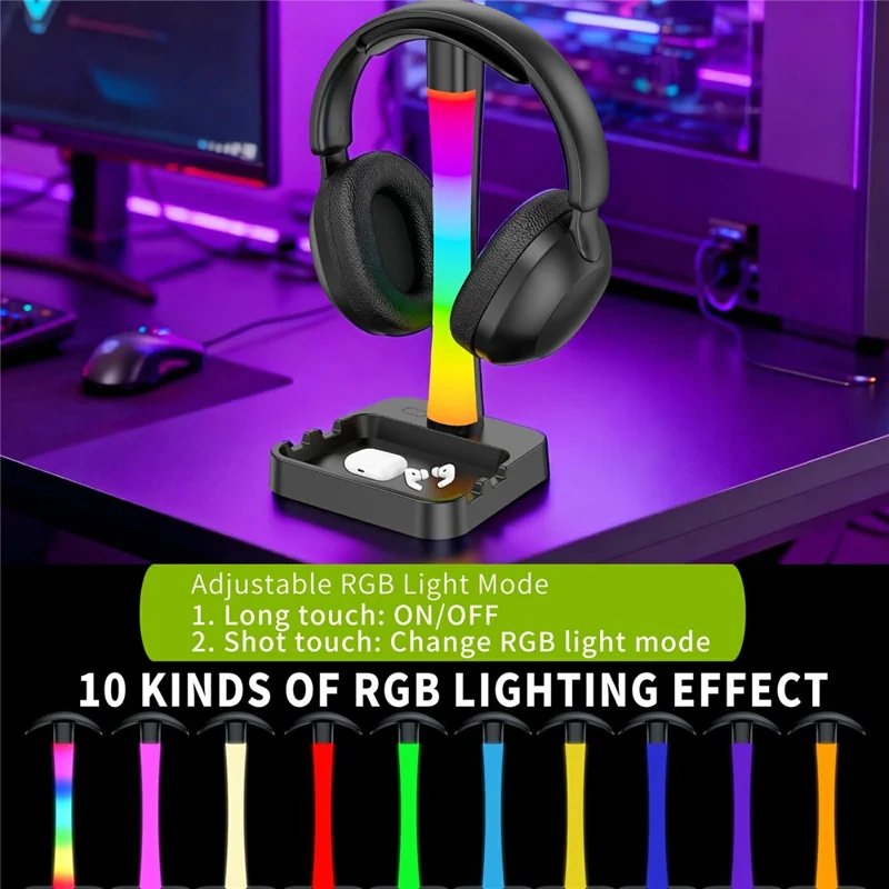 D15 RGB Desk Organizer Headphone Stand Phone Holder with Touch Desk Lamp USB + Type-C Charging Hub for Home Office - Black