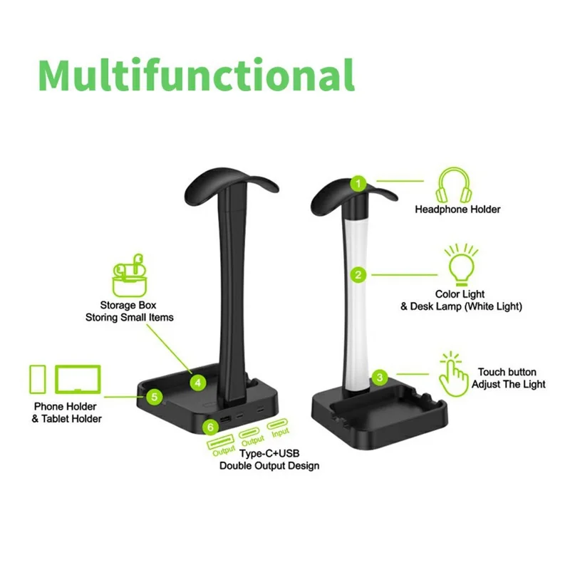 D15 RGB Desk Organizer Headphone Stand Phone Holder with Touch Desk Lamp USB + Type-C Charging Hub for Home Office - Black