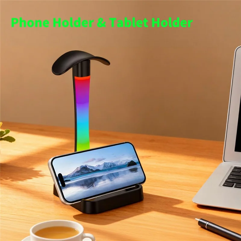 D15 RGB Desk Organizer Headphone Stand Phone Holder with Touch Desk Lamp USB + Type-C Charging Hub for Home Office - Black